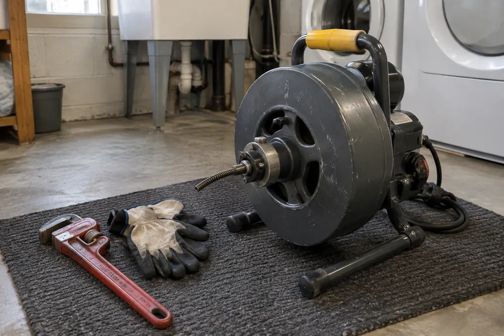 Drain-cleaning tools and a cable reel on a work surface
